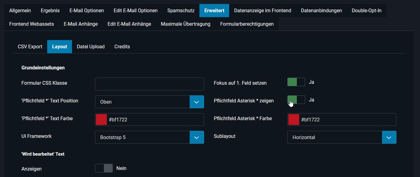 Pflichtfeld Asterisk * am Feld konfigurieren: Voreinstellung im der Formular-Konfiguration