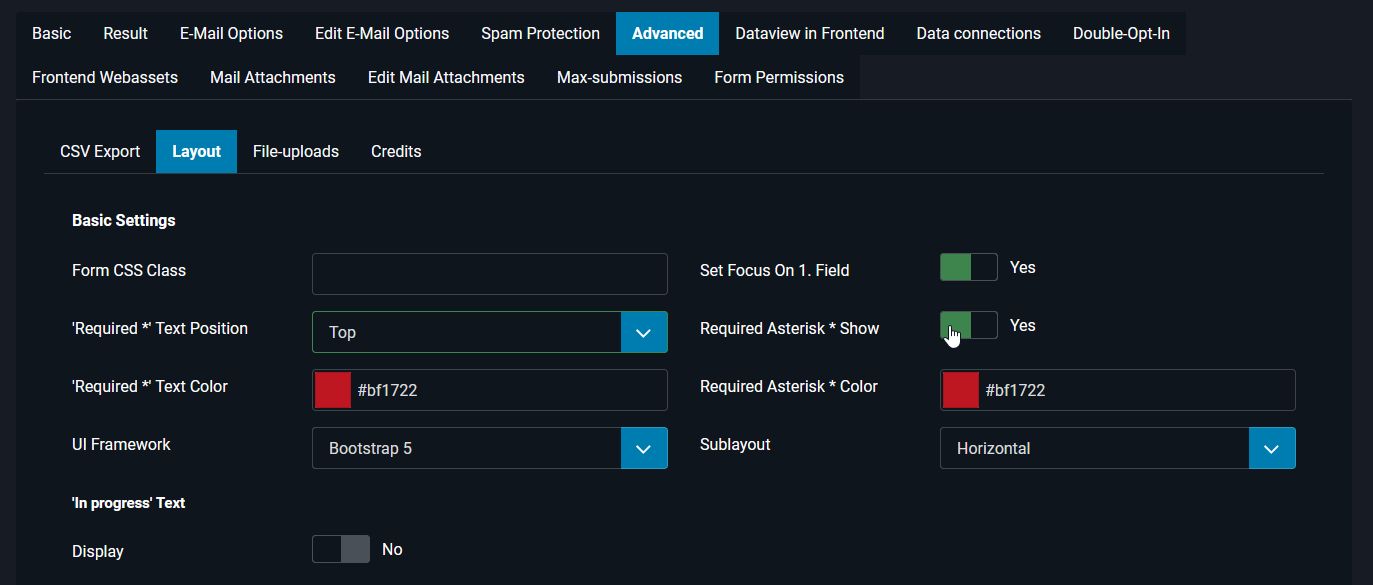 Configure required field asterisk * on the field: Default setting in the form configuration