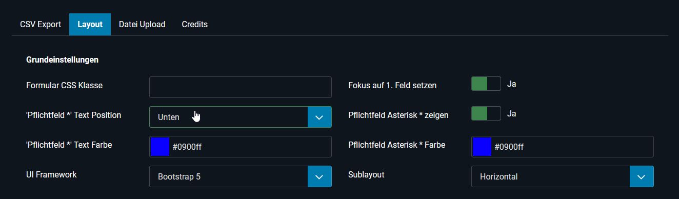 Beispiel-Konfiguration in der Farbe Blau und dem 'Pflichtfeld *' Text ganz unten im Formular