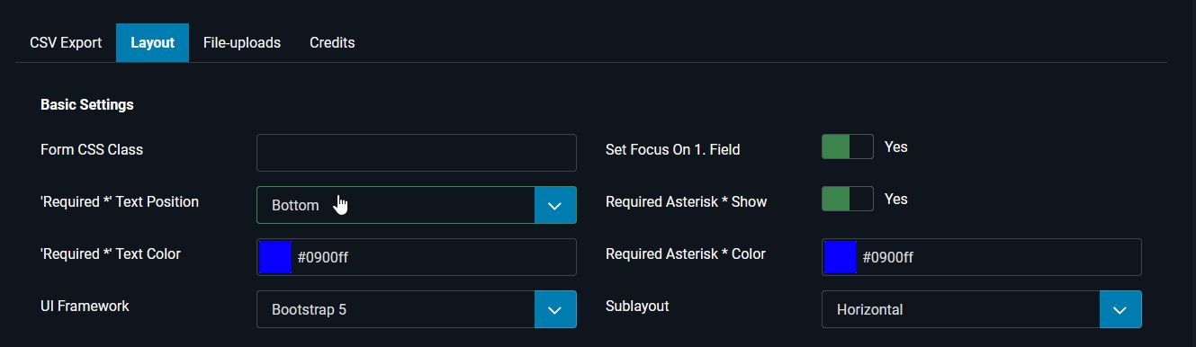 Example configuration in blue with the 'Required *' text at the very bottom of the form