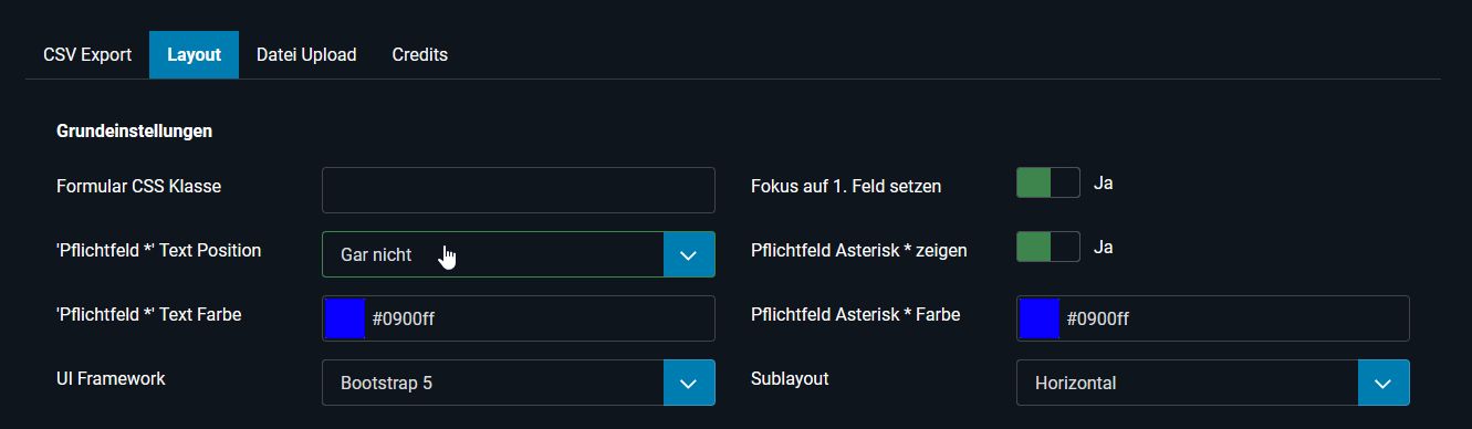 Beispiel-Konfiguration in der Farbe Blau und keinem 'Pflichtfeld *' Text im Formular