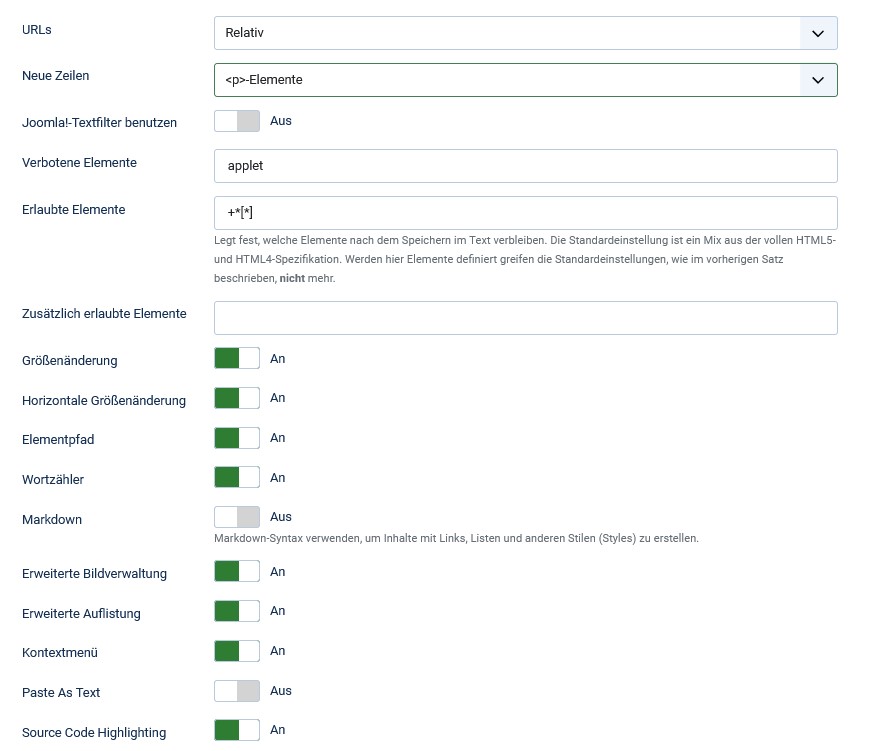 TinyMCE Konfiguration: Set-Parameter