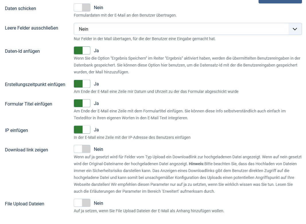 Options to control the message content of the user email