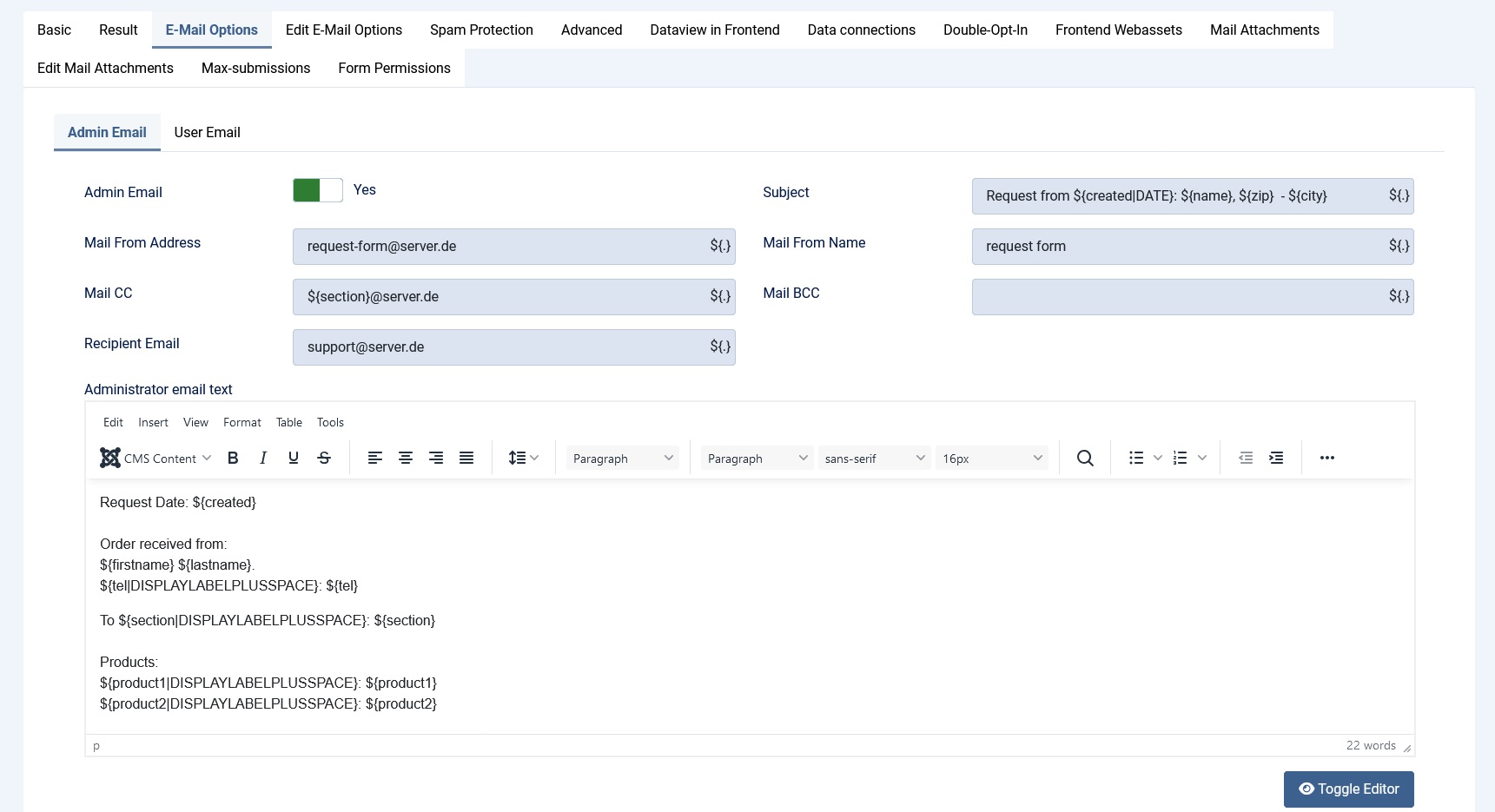 Options for controlling the admin email