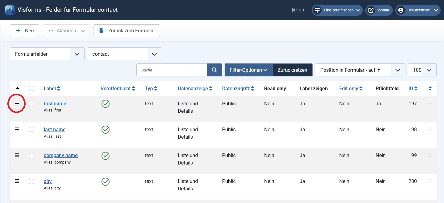Sortierung aufsteigend nach Reihenfolge