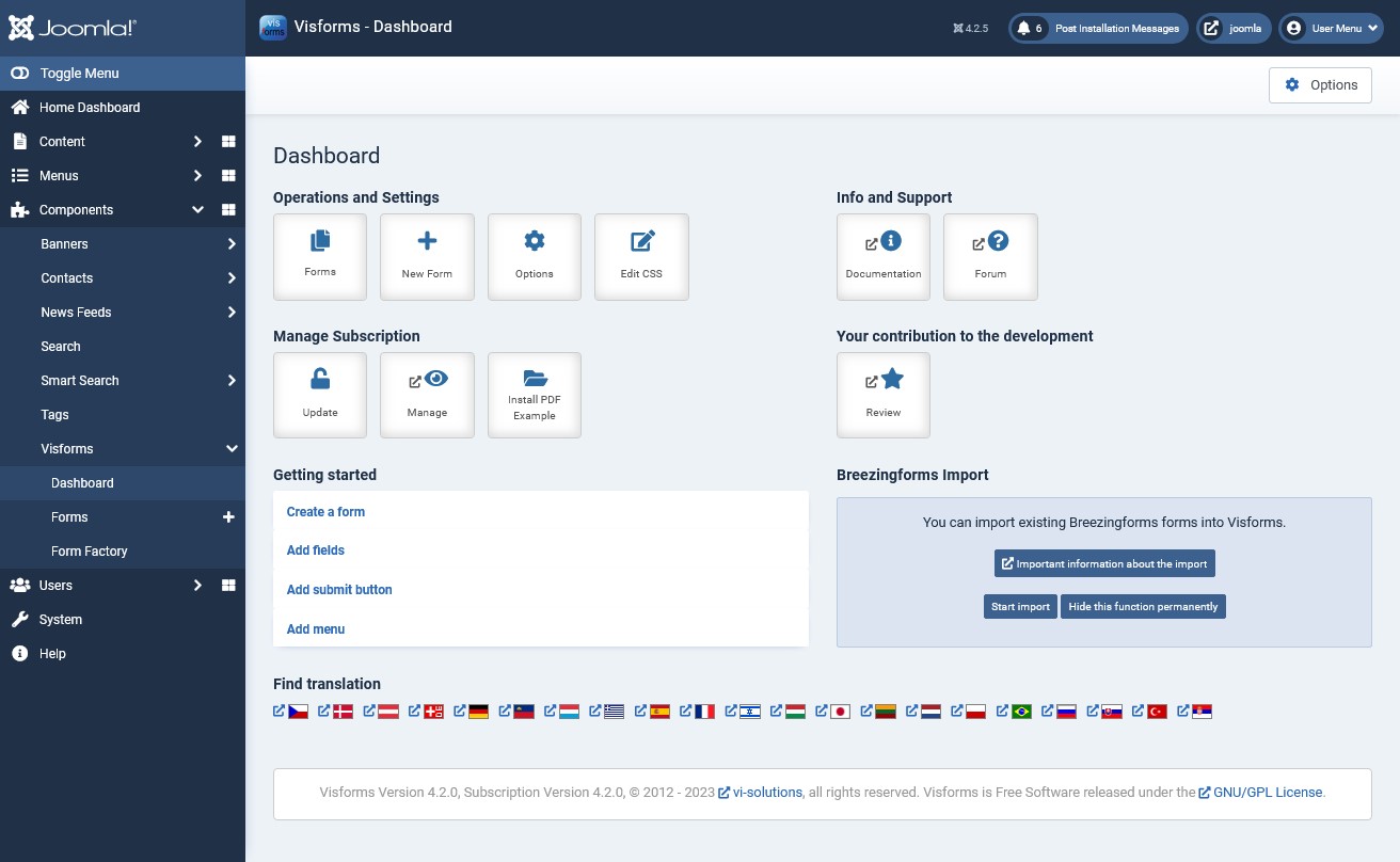 Visforms Dashboard: Breezingforms Import